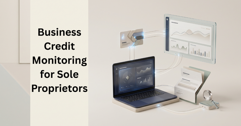 Business credit dashboard and personal credit report illustrating business credit monitoring for sole proprietors.